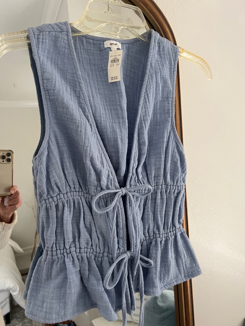 Blue Gauze Tie-Front Sleeveless Top